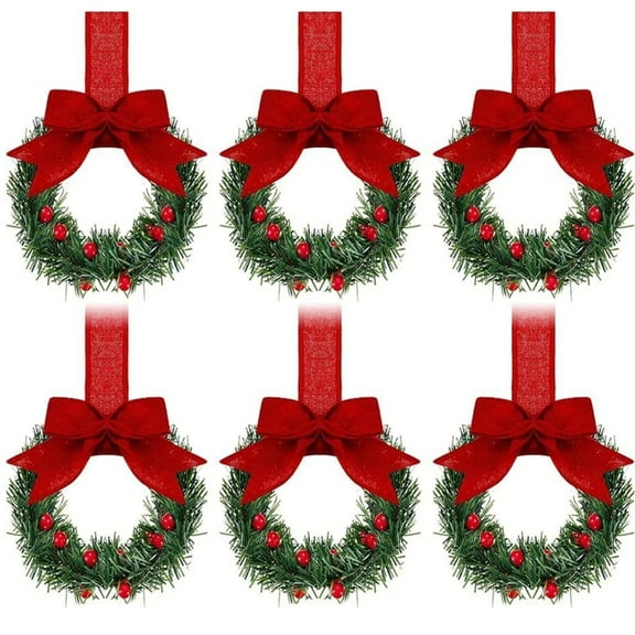 Christmas Wreath with Plaid Bow - 6PCS 4 Inch Mini Kitchen Cabinet Wreaths for Indoor and Outdoor Christmas Decorations, Holiday Decor for Windows, Doors, and Home Holiday Decor