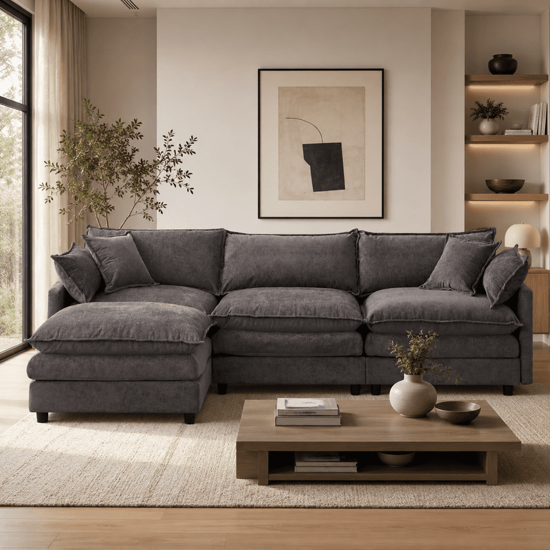 105" Modular Sectional Couch, 3-Seater Soft Chenille L-Shaped Sofa with Ottoman, Upholstery Sofa Couch with Pocket Coil & High-Density Foam for Living Room