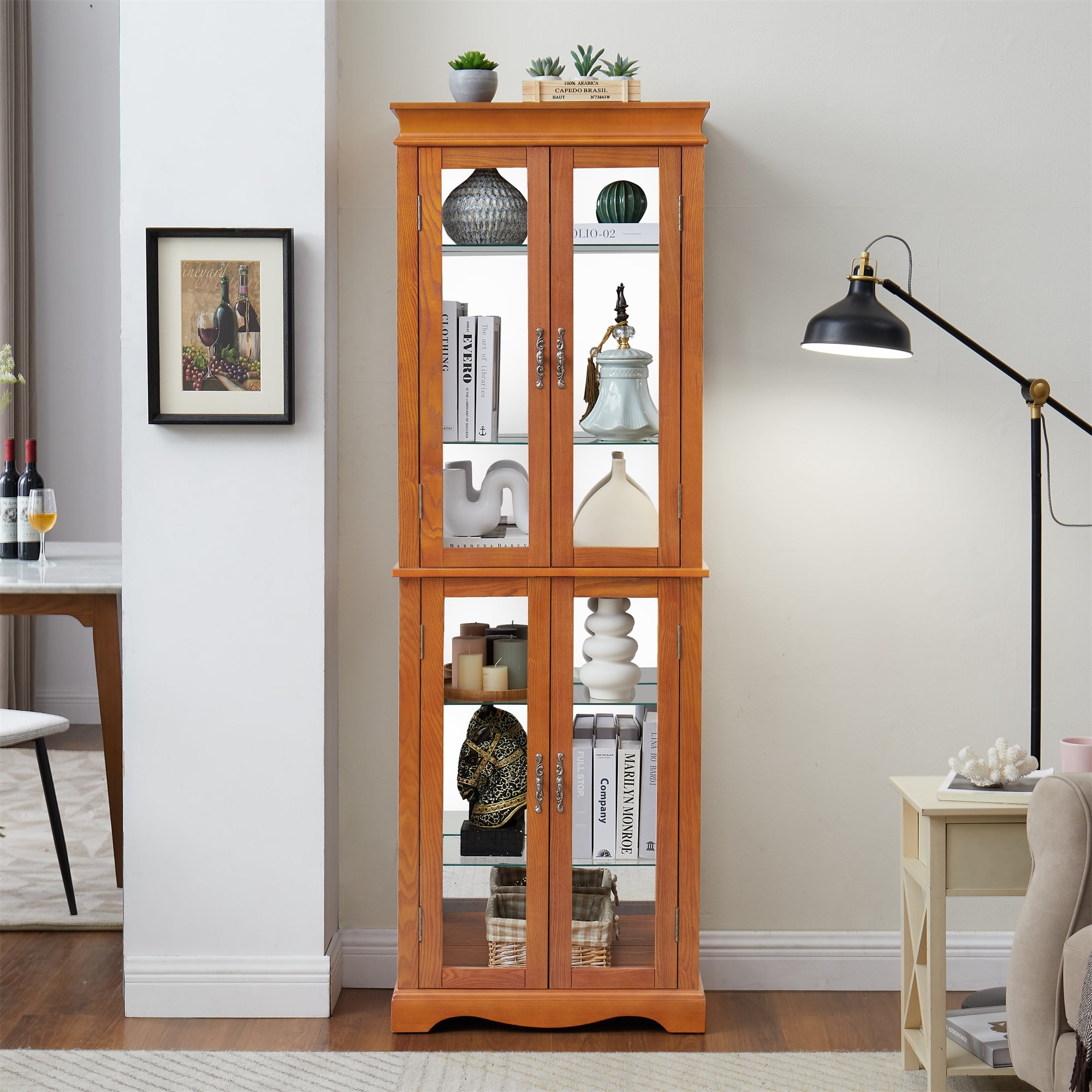 Miniyam Lighted Glass Curio Display Cabinet,Wood Frame China Cabinet for Living Room, Kitchen, Pantry,Light Bulb Included, Oak