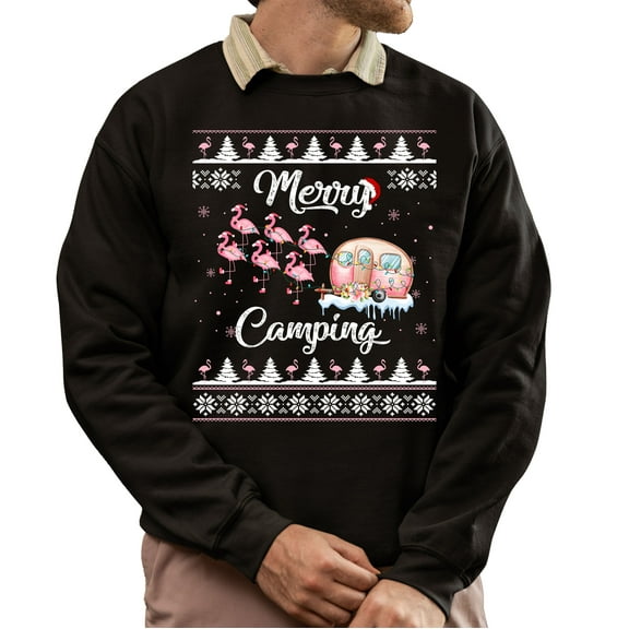 Christmas Sweatshirt, Merry Camping Flamingo Christmas Sweatshirt, Cute Bird Camper Holiday Jumper, Witty Outdoor Lover Gift for Women and Men