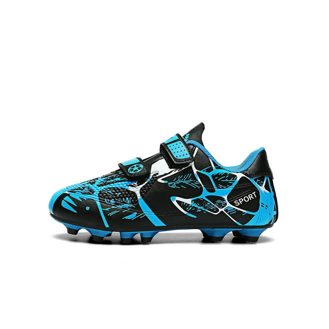 MAWCLOS Chaussures de Soccer pour Filles et Garçons à Bout Rond Crampons de Soccer à Bande Auto-Agrippante Espadrilles de Sport Légères à Tige Basse Chaussures de Course de Sport FG Crampons Bleu 2.5Y