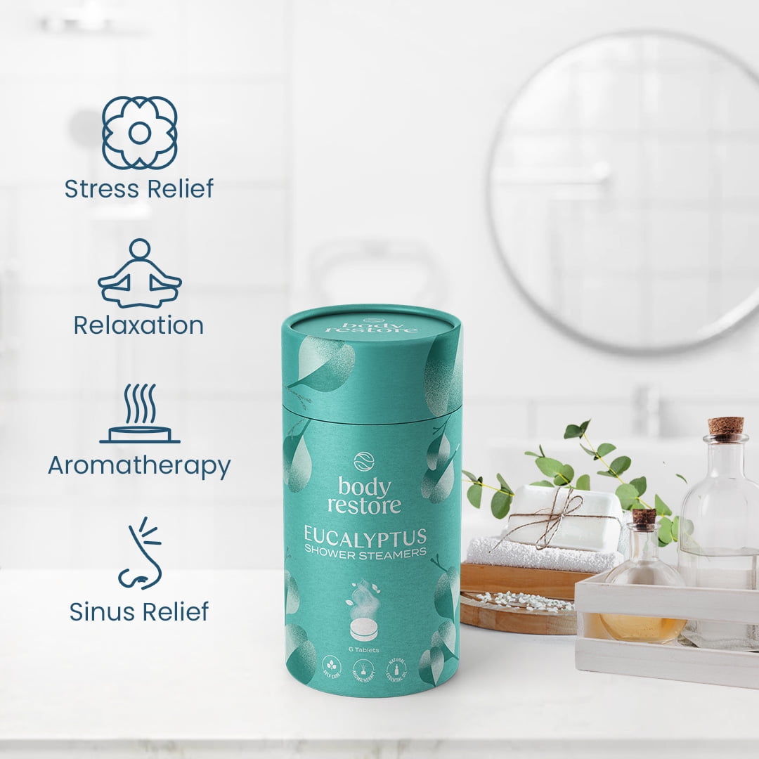 Body Restore Shower Steamers Aromatherapy 6 Count – Eucalyptus Mint, Long Lasting, Individually Wrapped, Spa Stress Relief Self Care Gift for Women and Men