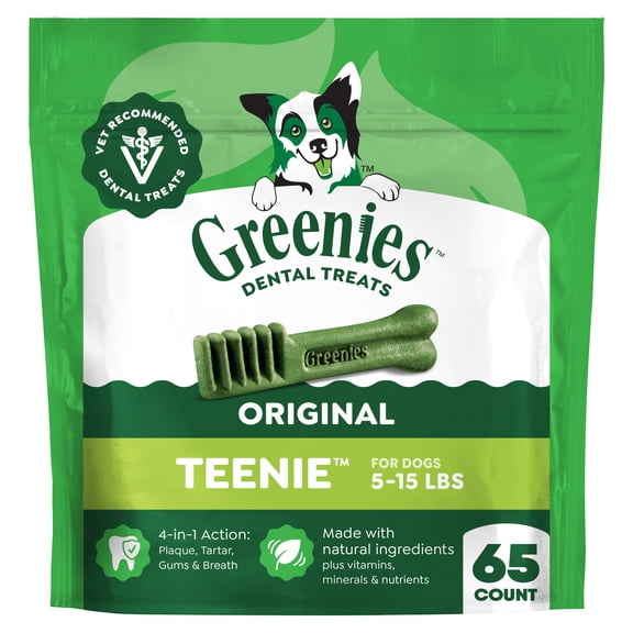 Greenies Original Flavor Adult Natural Dental Dog Treats Teenie Size, 18 oz Pack (65 Count)