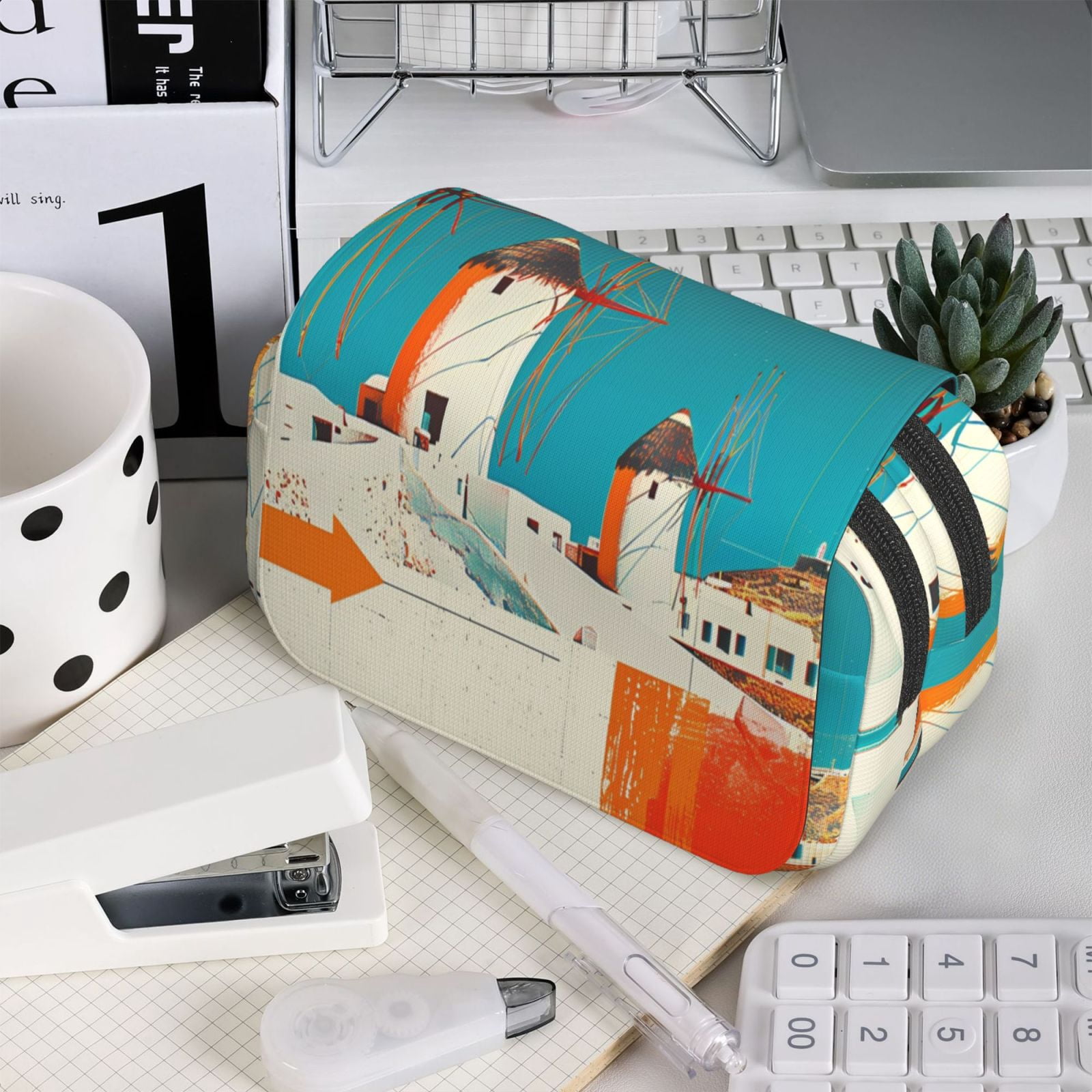 Rateoe Colorful Greek Windmills Pattern Double Clamshell Pen Case, Storage Organizer with Two Zipper Compartments– Holds Up to 50 Pencils & Pens