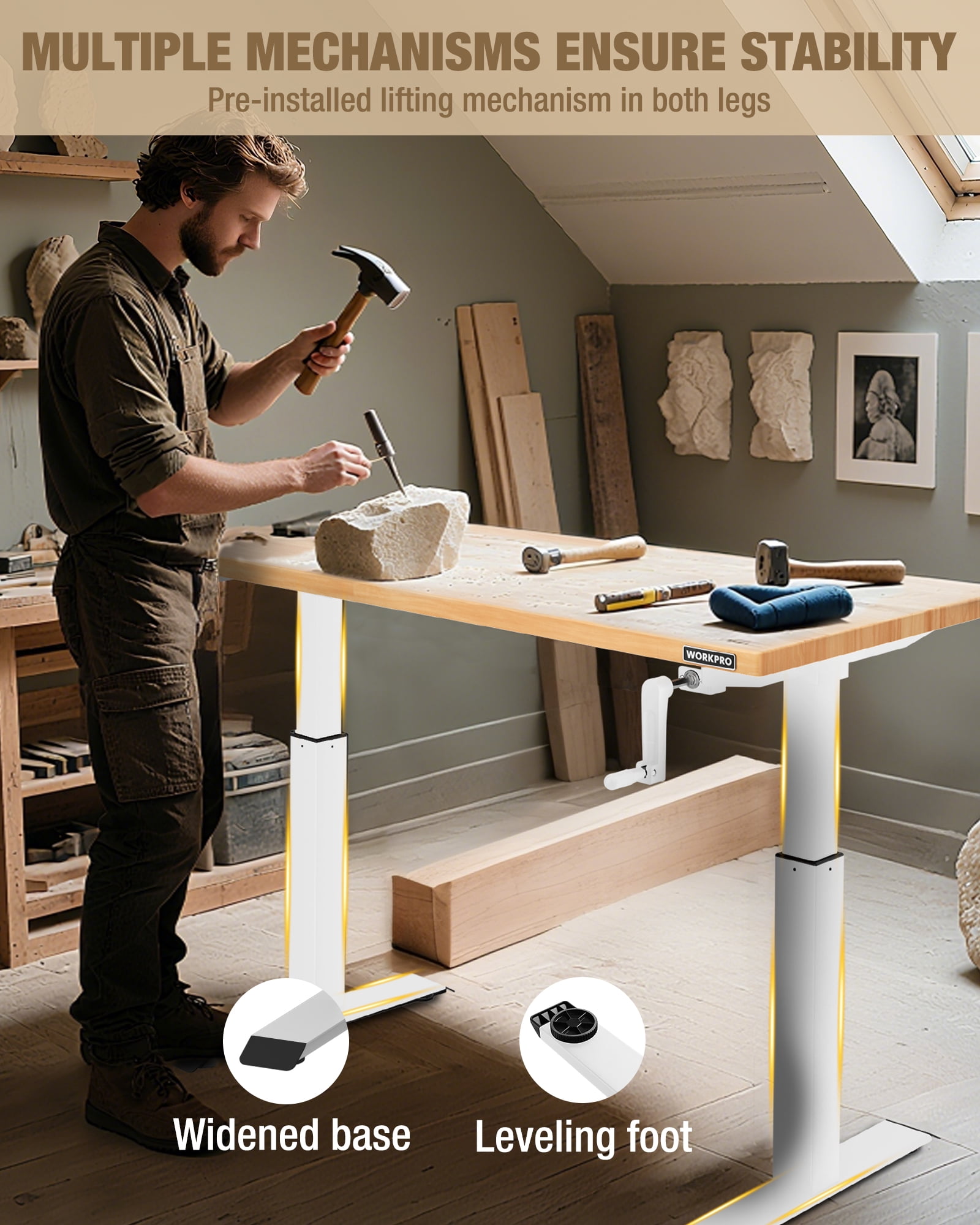 WORKPRO 300 lbs Height Adjustable Workbench with Crank Handle, 47.2"x 23.6" Rubberwood Work Table, Comfortable Standing Desk for Home Workshop Office, White