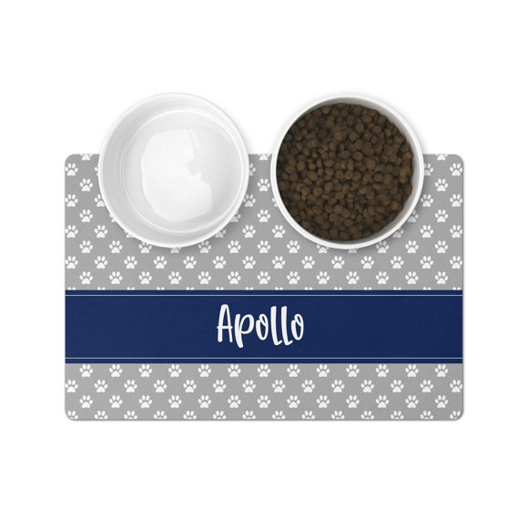 The Navy Knot Personalized Pet Mat - Waterproof & Non-Slip Pet Food Mat with Edges - Cats & Dogs Feeding Mats - Petfood, Water, Dish Bowls Pad - Gifts for Dog & Cat (12x18, Gray Paw Prints)