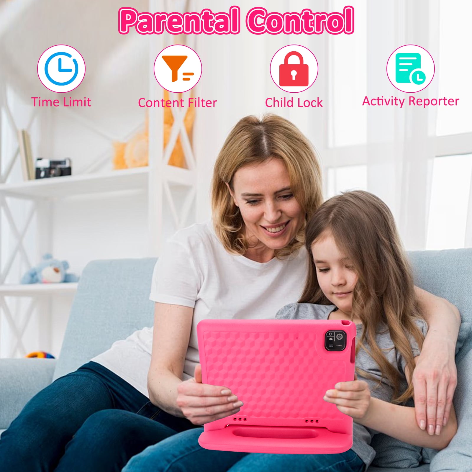 Kids Tablet, 10.1 inch Tablet for Kids IPS HD Screen RAM 8GB 64GB Storage, J10 Pro Toddler Tablet with Protective case - Pink