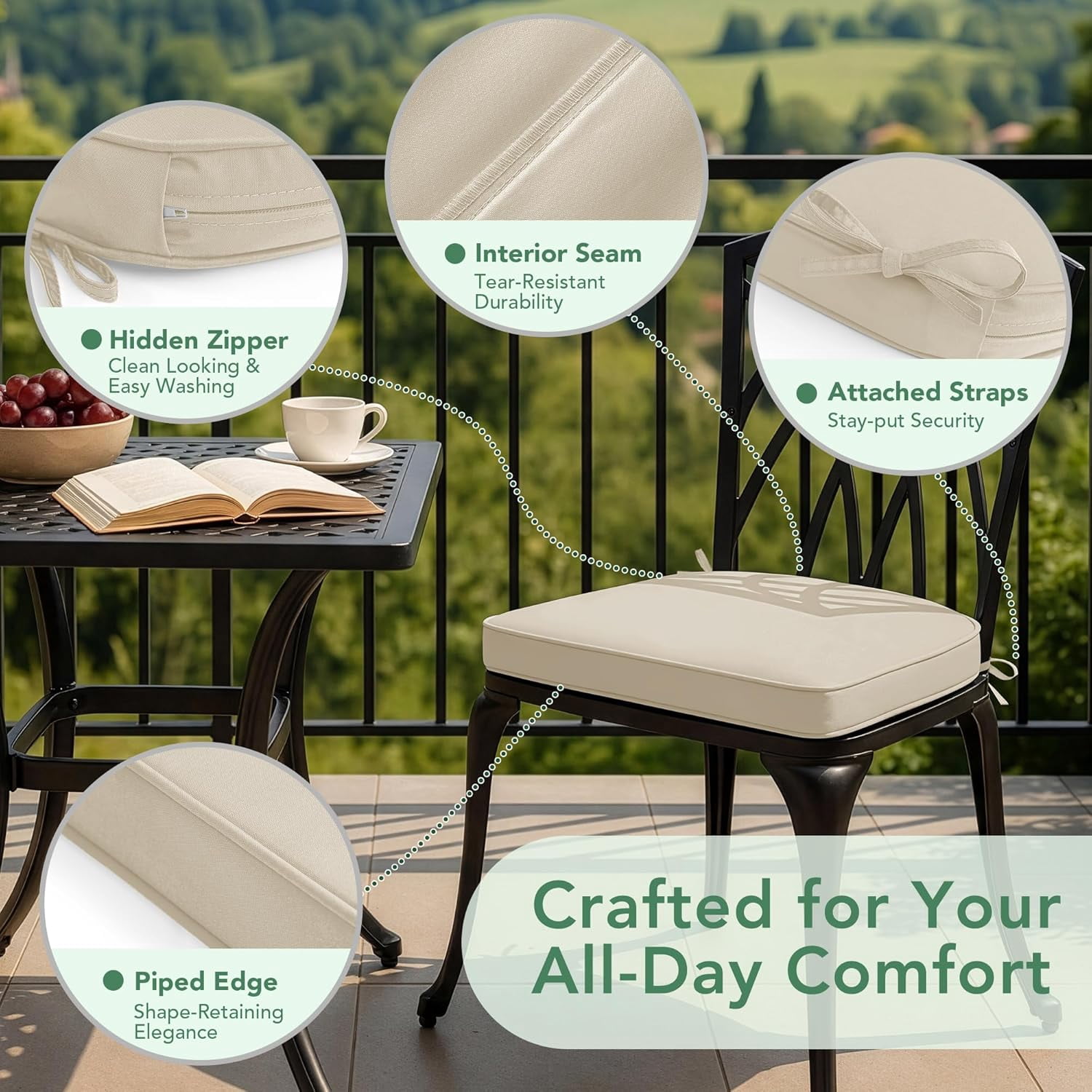 Outdoor Chair Cushions Set of 4: Waterproof & Fade Resistant Patio Furniture Cushions - 17 x 16 x 2 Inch Non Slip Round Corner Seat Cushion Pads with Removable Cover for Garden Yard Lawn, Cream