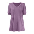 thumbnail image 4 of DuoJiaJ Women's Puff Short Sleeve Boho Shirts Casual V Neck Floral Solid Summer Blouse Pleated Casual Tunic Top Women's Button Down Shirts Purple XXL, 4 of 4