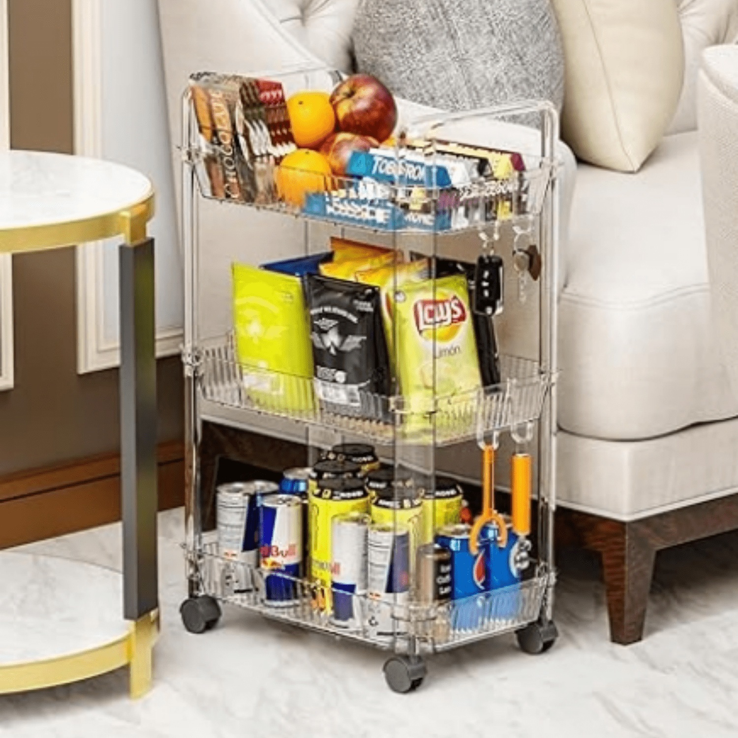 3 Tier Rolling Utility Cart with Wheels,Modern Bedside Cart for Baby Essentials,Nursery,Diaper Caddy,Baby Supplies,Rolling Storage Carts for Living Room,Bathroom,Kitchen,Book Cart