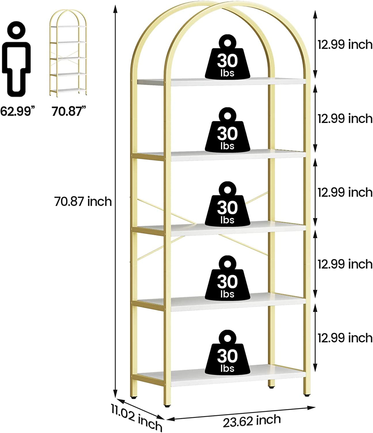 IdealHouse Arched 5-Tier Bookshelf, Modern Bookcase with Gold Metal Frame, Tall Wood Storage Shelf for Living Room, Bedroom, Home Office, Easy Assembly, White