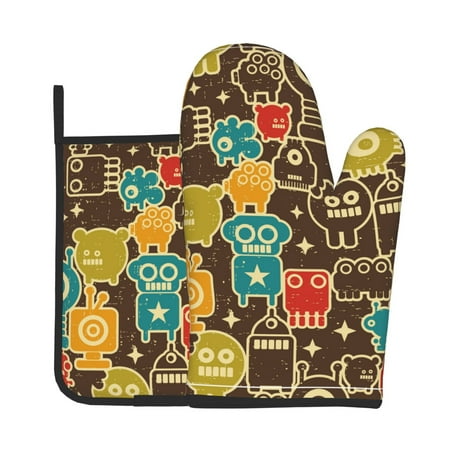 

Jgfou Robot and Monsters Pattern Oven Mitts and Pot Holders Sets Heat Resistant Oven Mittens Soft Lining Extra Thicken Long Kitchen Cotton Oven Glove for Cooking