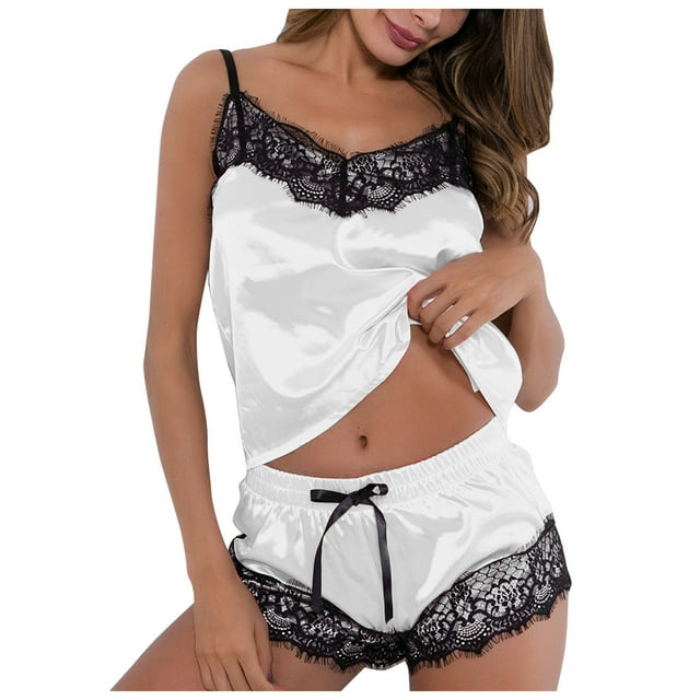 Gibobby Tangas de mujer sexy encaje Día de San Valentín Lencería Lencería Ropa interior Conjunto de camisola Pijamas Pantalones cortos de encaje Ropa de dormir sexy de mu(Blanco, M)