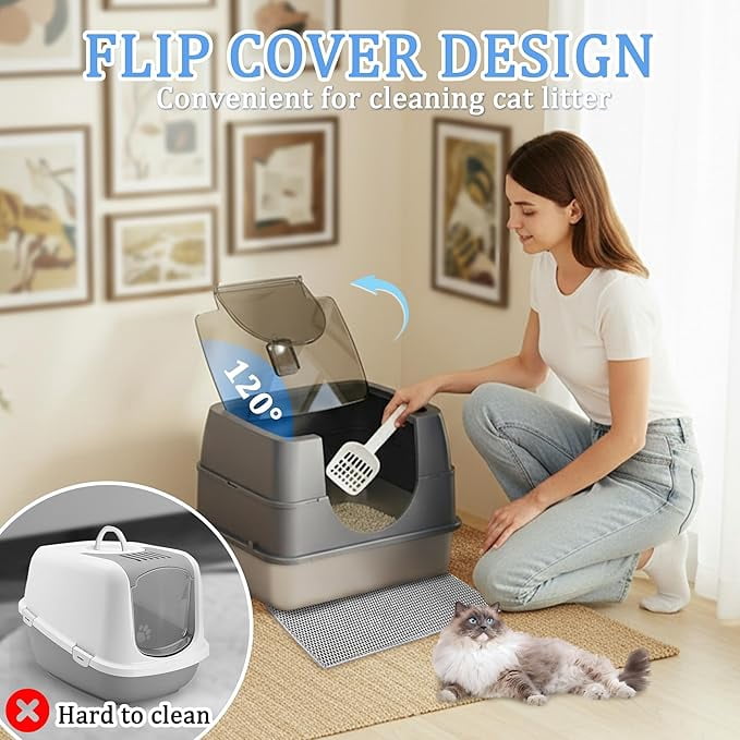 Stainless Steel Litter Box with Lid, Side Entry Large Enclosed Cat Litterbox for Kitty & Multi-Cat, Flip Cover Easy to Clean, High Sided Metal Cat Litter Pan with Scoop,Anti-Leakage, Non-Sticky