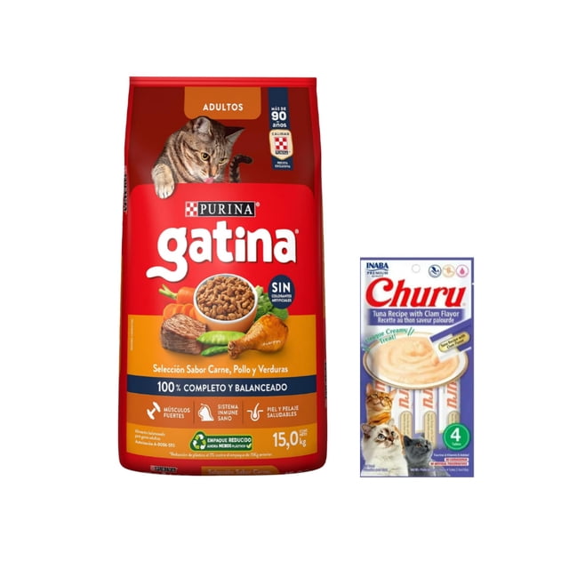 Gatina Pollo 15 kg + Churu Atún con Almeja Sobre con 4 Tubos de 14 g