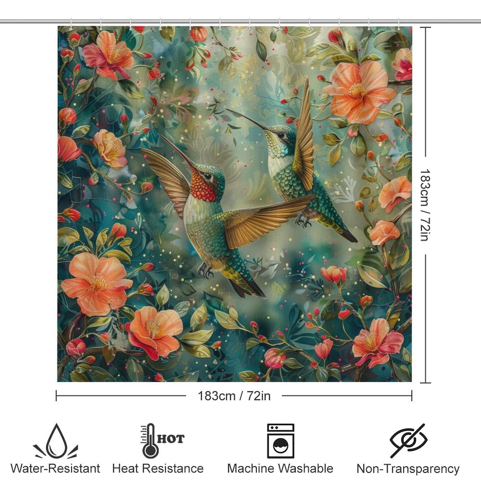 4Pcs Rustic Floral Hummingbird Shower Curtain Sets, Bathroom Decor Set with Rugs, Bath Mat Classic Asian Nature Botanical Shower Curtain, 72 X 72 Inch