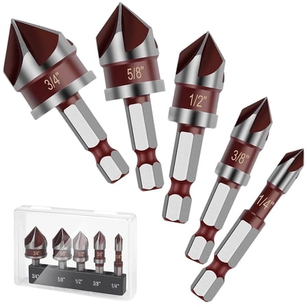 Januofit 5PCS Countersink Drill Bit Set, 82 Degree HSS Counter Sink Drill Bit for Wood, Metal, Plastic, 1/4"-3/4" with 1/4" Hex Shank Countersink Bit Set