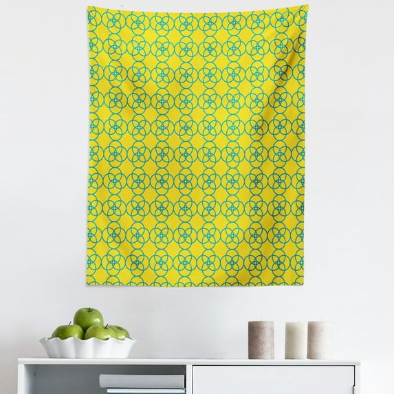 Geometric Tapestry, Modern Continuous Design Circles Chains Art Illustration Retro Influenced, Fabric Wall Hanging Decor for Bedroom Living Room Dorm, 5 Sizes, Mustard Sea Blue, by Ambesonne