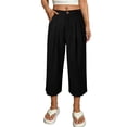 thumbnail image 5 of XPMWRP Women's High Waist Pleated Wide Leg Capri Pants Button Closure Casual Loose Trousers with Pockets Stretchy for Work Black XL, 5 of 5