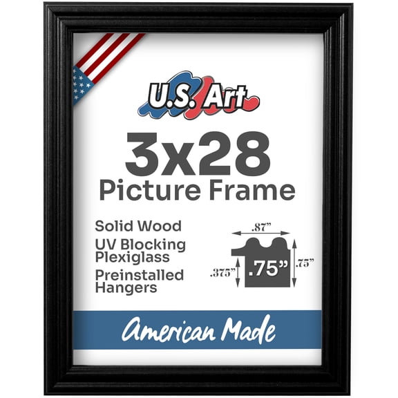 US Art Frames Black 3x28 Picture Frame .75" Wide - Preinstalled Hangers and UV Blocking Plexiglass, 100% USA Made