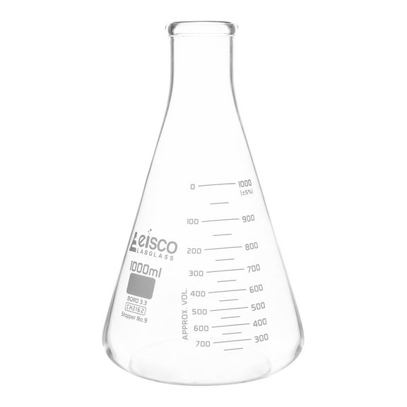 Erlenmeyer Flask, 1000mL - ASTM, Dual Graduated Scale - Borosilicate Glass - Narrow Neck Flask, Conical Flask, Glass Flask - Eisco Labs