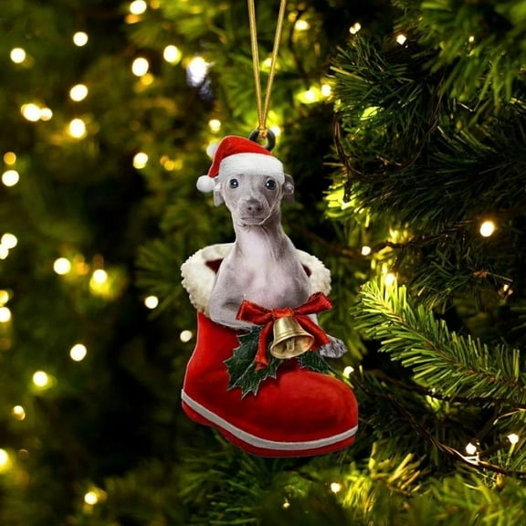 Acrylic 2D FLAT Italian Greyhound In Santa Boot Christmas Hanging Ornament