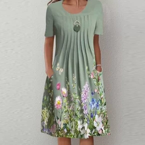 HKEJIAOI Womens dress Women's Summer Casual Round Neck Short Sleeve Folding Floral Printed Dresses Savings Clearance Green