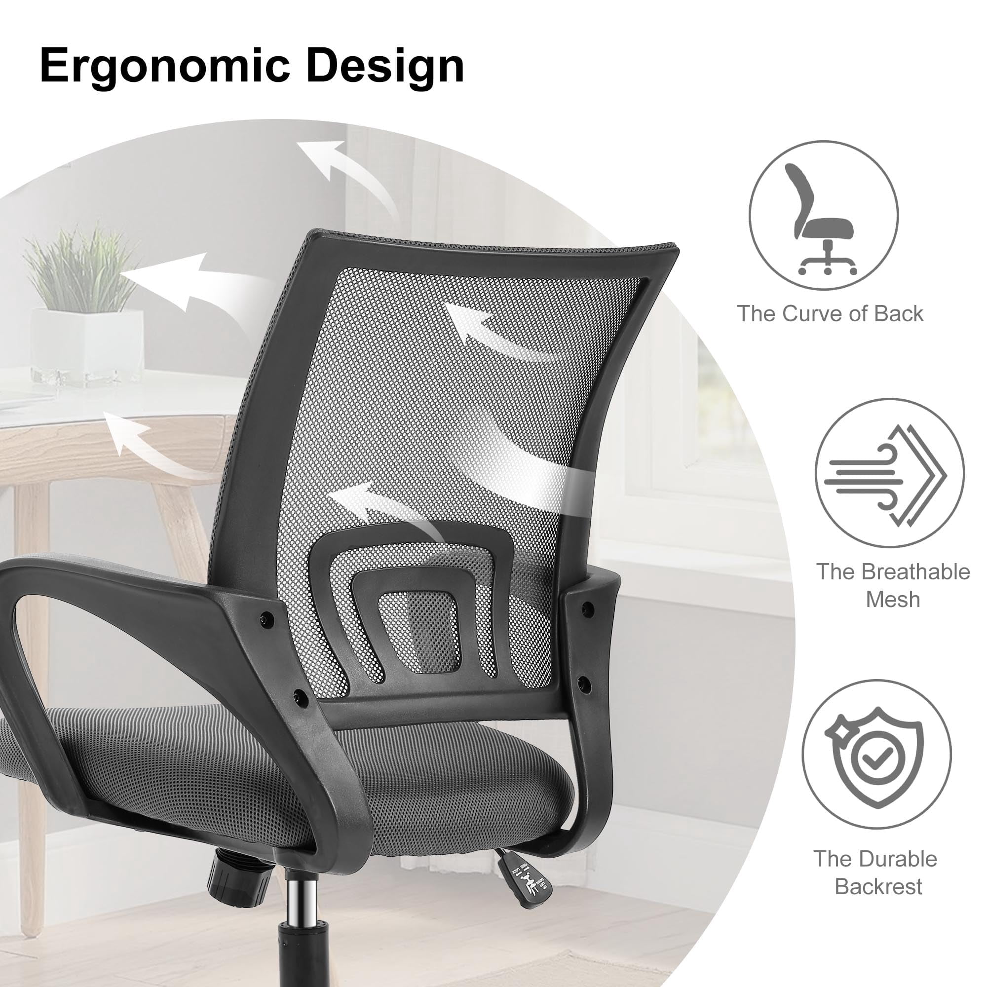 CL.HPAHKL Ergonomic Desk Chair, Mid-Back Mesh Office Chair with Wheels, Rolling Swivel Computer Task Chair for Home Office, Fixed Armrests, Tilt & Height Adjustable, Gray