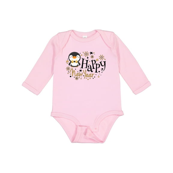 Inktastic Happy New Year with Cute Penguin Boys or Girls Long Sleeve Baby Bodysuit