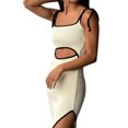 thumbnail image 2 of Caoirhny Women Slim Midi Dress Spaghetti Straps Sleeveless Contrast Color Ribbed Cut-out Side Split Dresses, 2 of 9