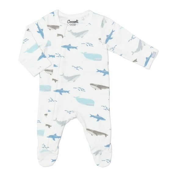 Coccoli Cotton-Modal Zippered Footie Sleeper - Ocean Life on Cream (12 Months, 21-24 lbs)