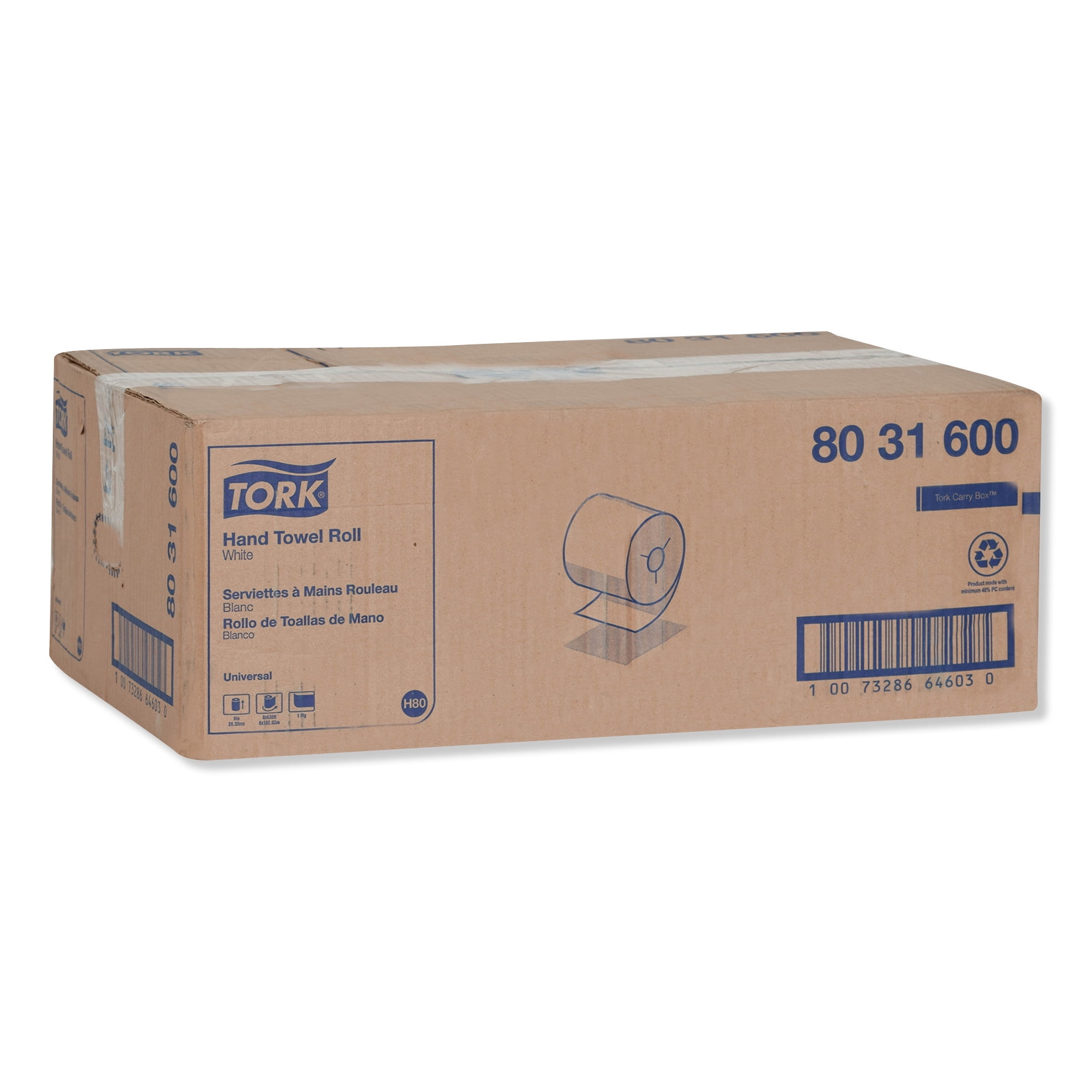 Tork Universal Hand Towel Roll Wipes Notched, 7.5" x 630 ft, White, 6 Rolls/Carton