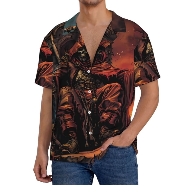 Fotbe Dark Skull King Throne Camisa Estampada de Manga Corta para Hombre, Casual de Verano, Estilo Playero, Sin Arrugas-4X-Large