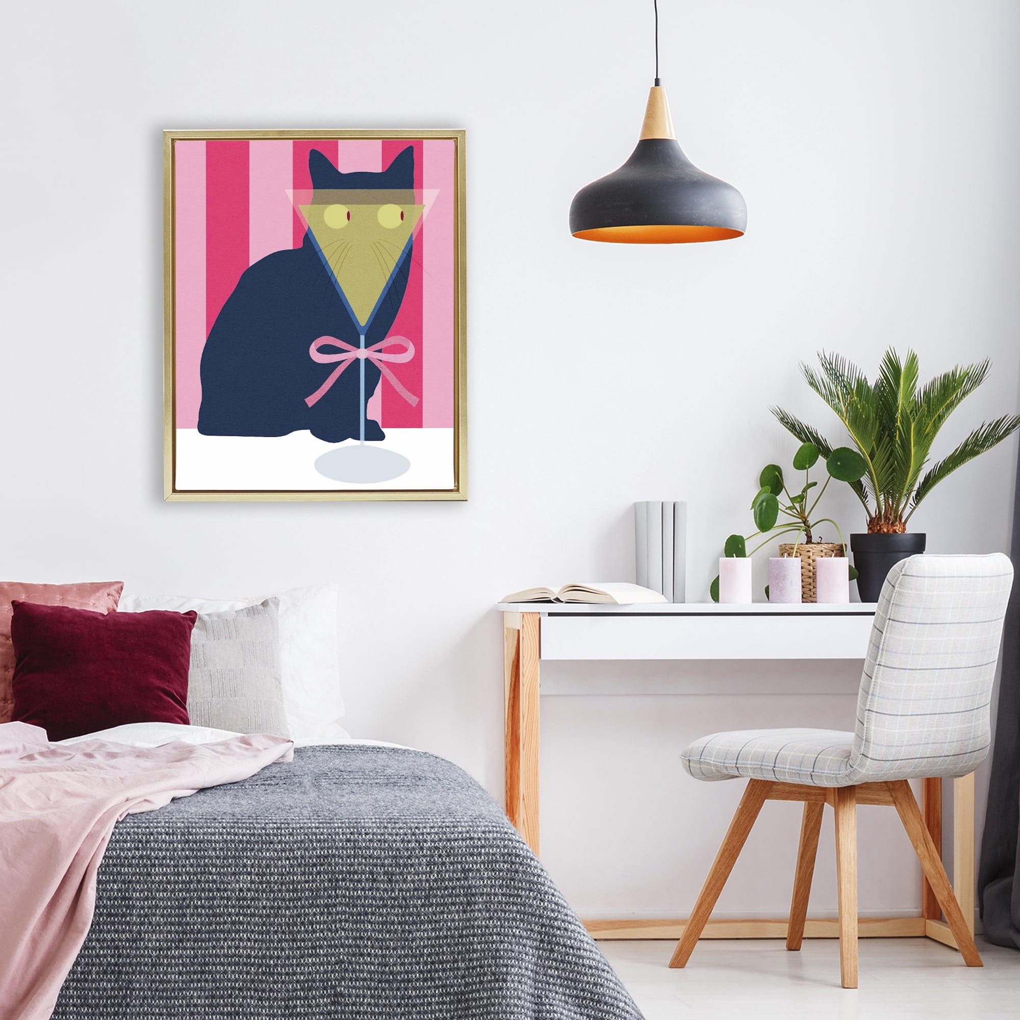 Stupell Industries Playful Striped Cat with Martini Gold Framed Floater Canvas Wall Art, design by Lil' Rue