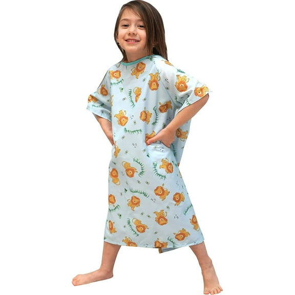 3 Pack - Pediatric IV Gown, Woven, 100% Polyester, Lazy Lion Blue Background (4 to 6 Year Old)