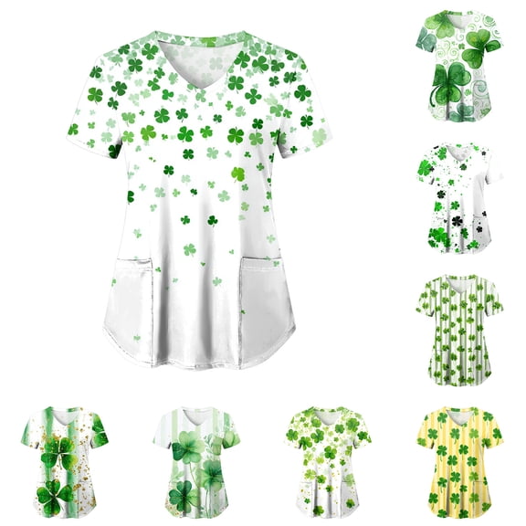 GEWSEY St Patricks Day Shirt Women Shamrocks Printed V Neck Short Sleeve Nursing Uniform Scrubs Shirts with Pockets (White, XL)