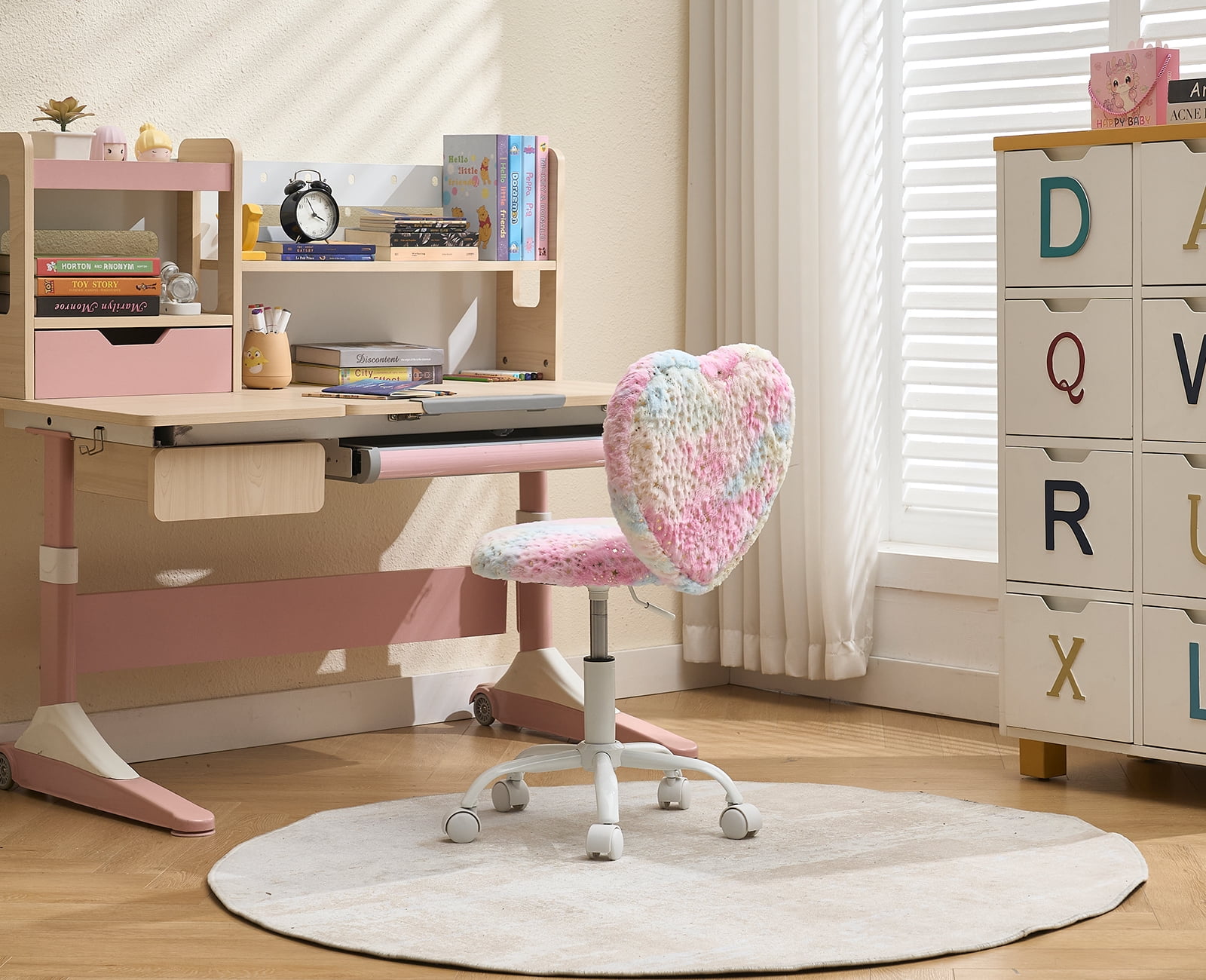 Guyou Cute Fuzzy Kids Chair, Faux Fur Rolling Swivel Children Desk Chair, Adjustable Student Task Chair Vanity Chair with Heart Shaped Back for Bedroom Living Room Study Room Kids Room , Colorful