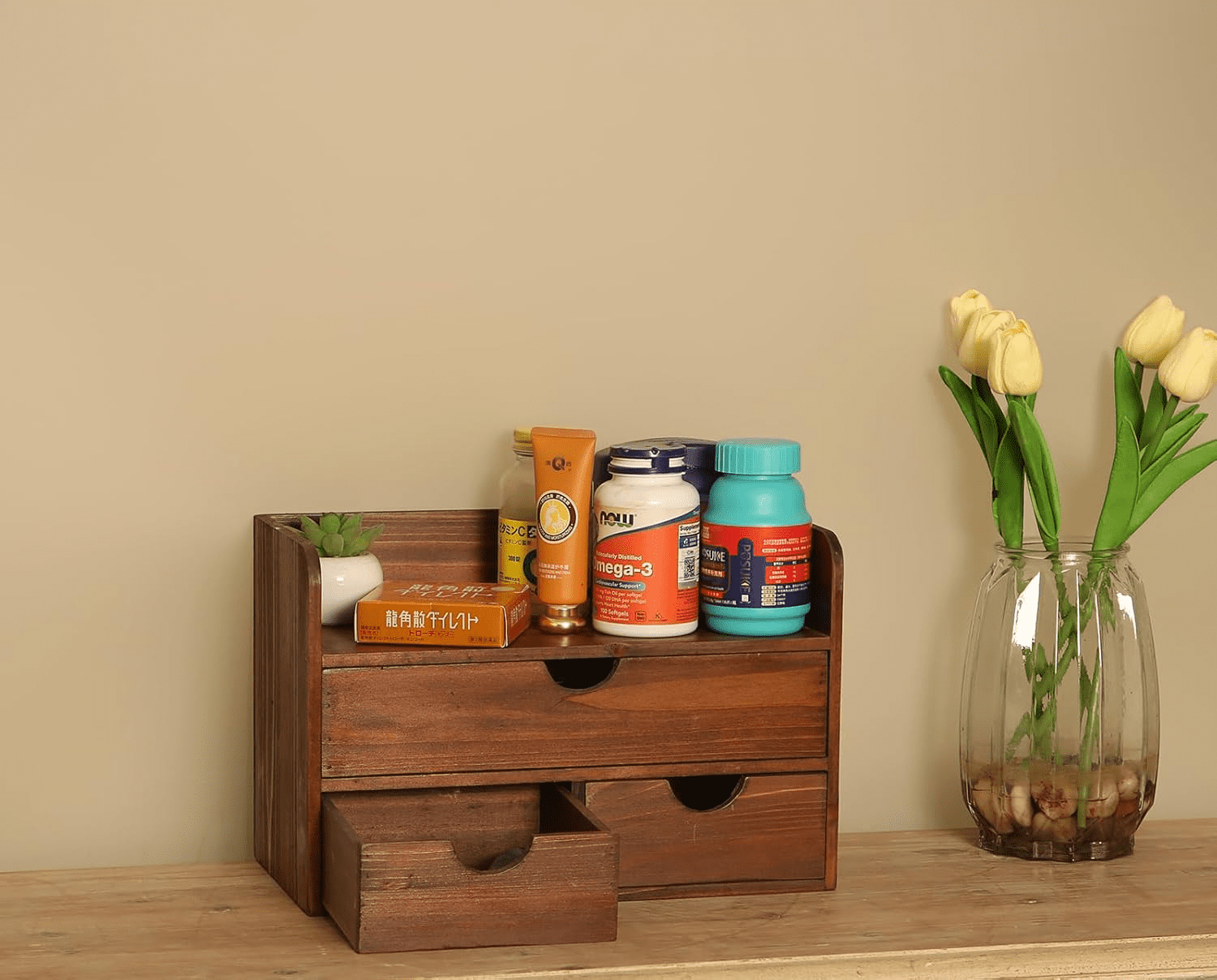Rustic Brown Wooden 3 Drawer with Shelf Office Desk Organizer & Mail Rack For Desktop,Box for Office Home makeup holder Toiletries Supplies Vanity, No Assembly Required (Brown)