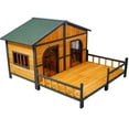 thumbnail image 5 of Wooden Double Dog House Outdoor XL Kennel with Elevated Floor and Porch, Weatherproof Shelter for Small and Medium Breed Dogs, Natural Wood Pet House with Removable Panel and Roof, 5 of 9