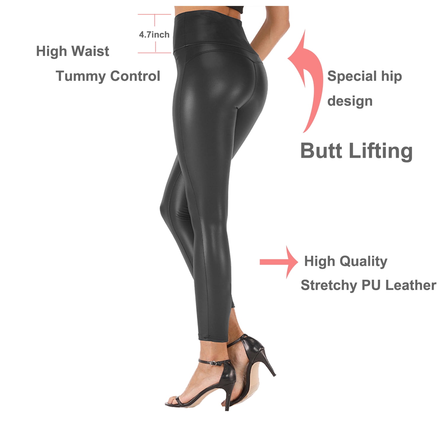 UHYARE Women Stretchy High Waisted Pants Regular & Plus Size Faux Leather Leggings(Black,XL)