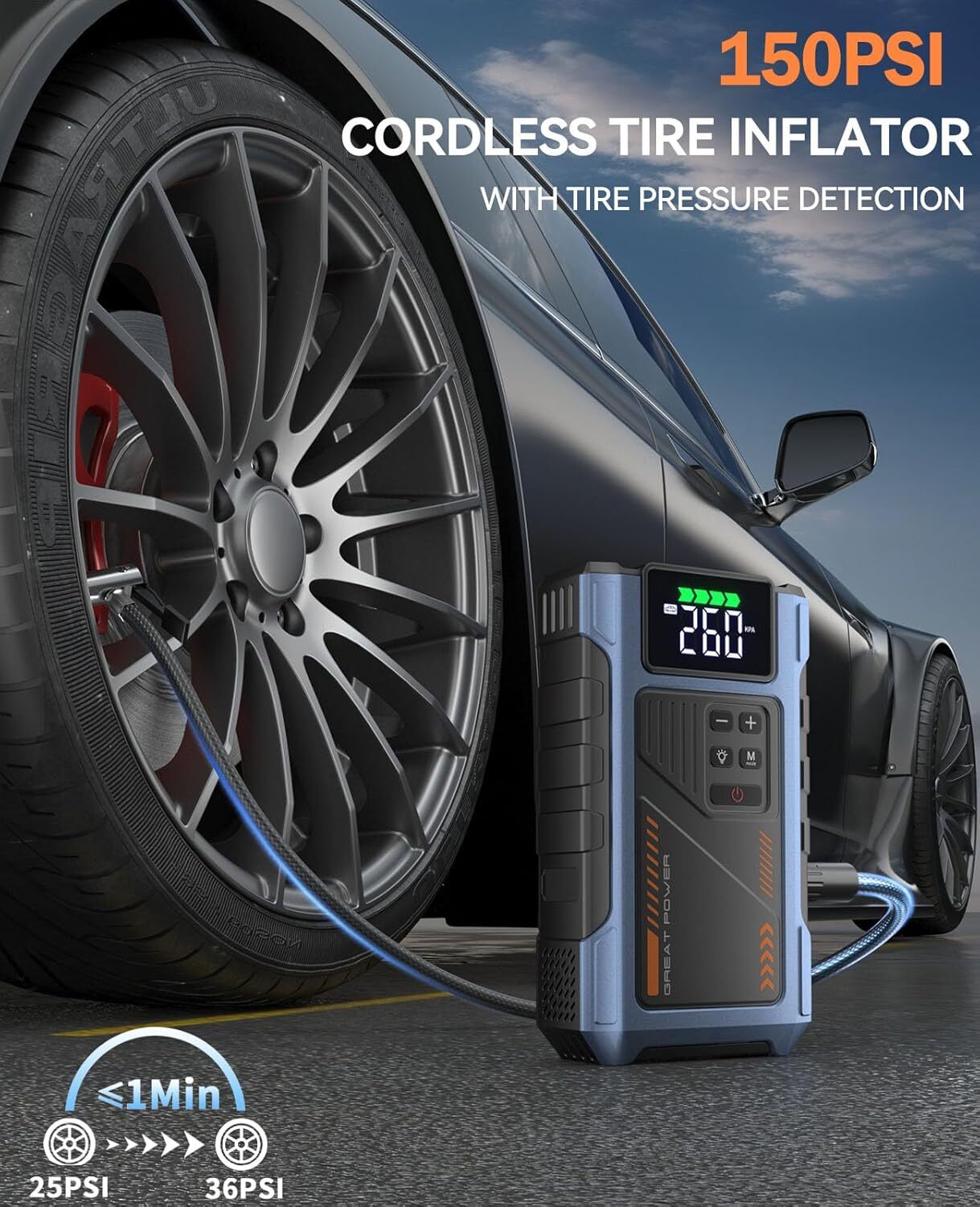 Geeneu 4000A Portable Car Air Compressor, Jump Starter with Air Compressor, Car Battery Charger Portable For12V(8.0LGas/6.5L Diesel) USB Input/Output, LED Emergency