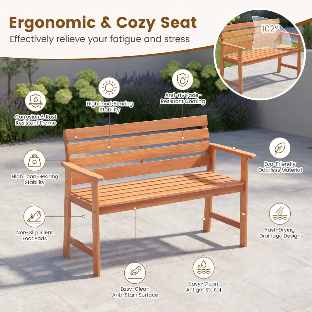 Hommoo 2-Person Solid Wood Outdoor Bench, Slatted Breathable Seat & Ergonomic 102° Inclined Backrest for Patio, Porch & Balcony, Natural