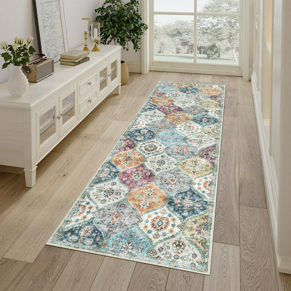 Hasoo 2' x 6' Runner Rug, Traditional Medallion Rug, Machine Washable Carpet, Orange