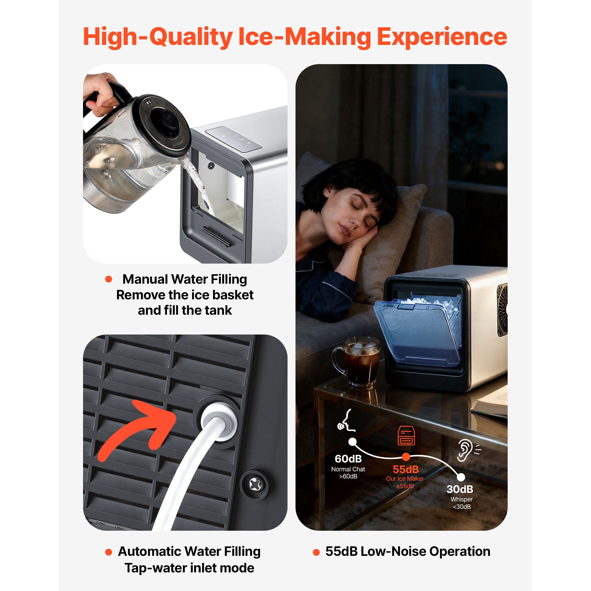 KFFKFF Countertop Ice Maker, 33 lbs Daily Capacity, Self-Cleaning Portable Machine with Scoop, Drawer-Style Access, Nugget Ice Maker for Home, Kitchen, Office, Bar, and Parties