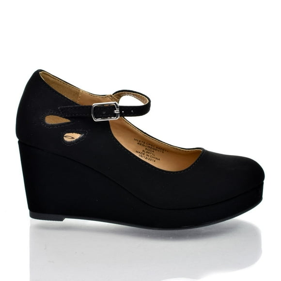 Soda Tyleeiis Black Children's Almond Toe Mary Jane Platform Cut Out Dress Wedge Heel,Black,12