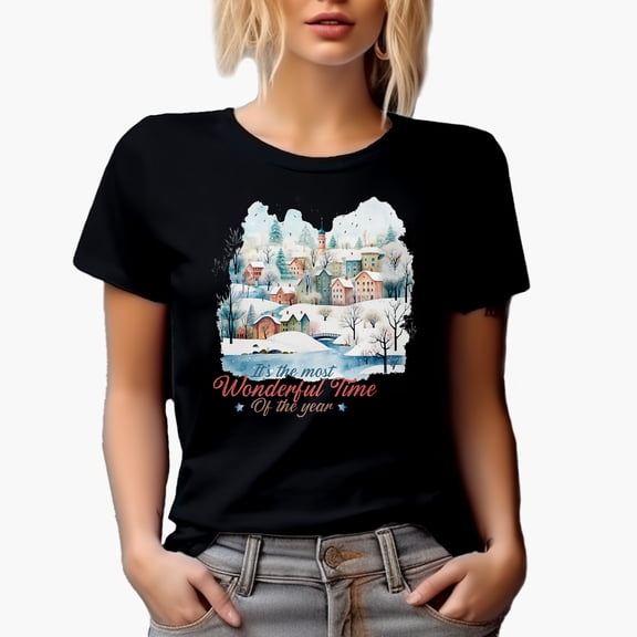 It's the Most Wonderful Time of the Year, Watercolor Winter Village Art Merch Gift, Black T-Shirt, Small