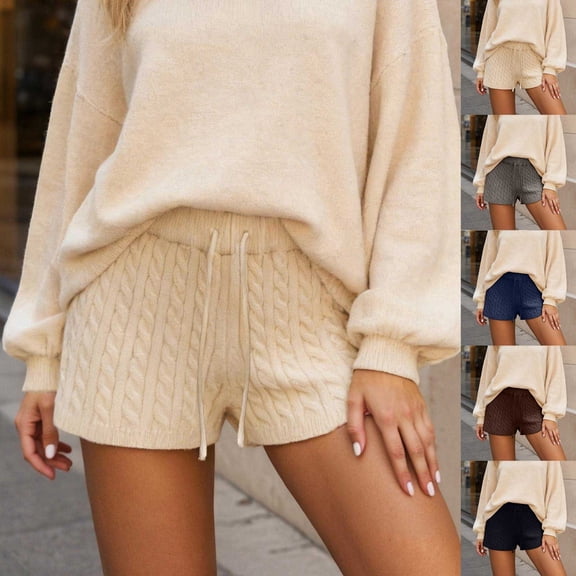 Letdown Women's Sweater Shorts Slim Fit Cable Knit Ribbed Knit Mini Lounge Bottom Solid Drawstring Elastic Waist Shorts (Beige,L)