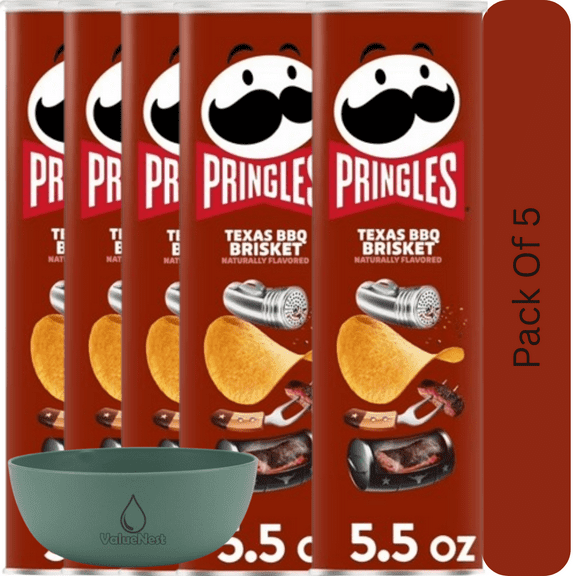 Pringles Texas BBQ Brisket Flavored Potato Crisps, Party Lunch Snacks, 5.5 oz Can With Olive Green Bowl By ValueNest