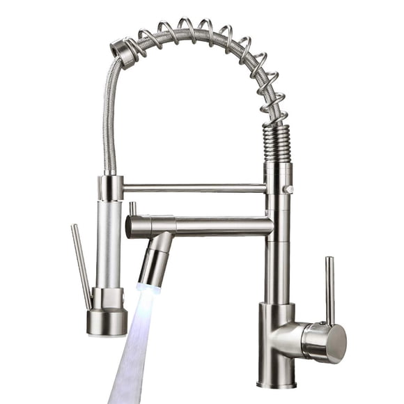 Aimadi Grifo De Cocina Comercial Con Rociador Monomando Rociador Desplegable Grifo De Fregadero De Cocina Con Luz Led Dos Caño Níquel Cepillado