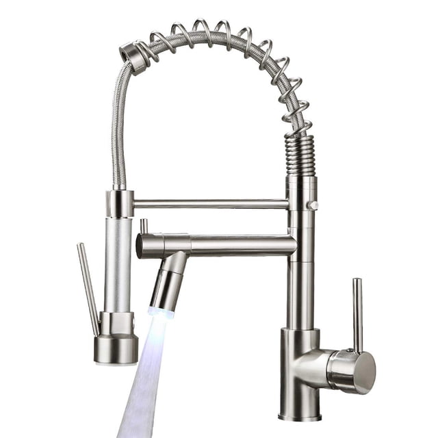 Aimadi Grifo De Cocina Comercial Con Rociador Monomando Rociador Desplegable Grifo De Fregadero De Cocina Con Luz Led Dos Caño Níquel Cepillado